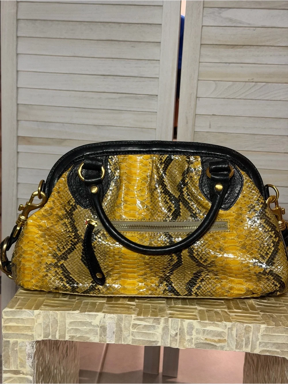Elaine Turner Yellow Retro Snake-Print Satchel Handbag with Black Trim